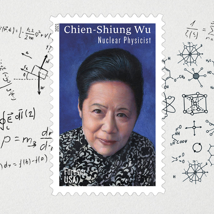 Issued in 2021, this stamp honors Dr. Chien-Shiung Wu (1912–1997), one of the most influential nuclear physicists of the 20th century. Art director Ethel Kessler designed the stamp with original art by Kam Mak.