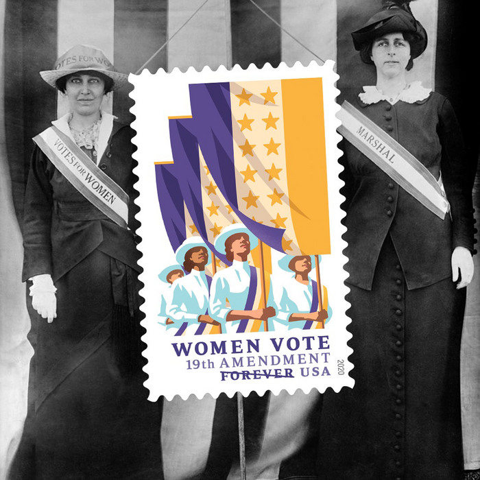 The “19th Amendment: Women Vote” stamp was issued in August 2020, to commemorate the centennial celebration of the ratification of the 19th Amendment to the U.S. Constitution, guaranteeing women the right to vote. Art director Ethel Kessler designed the stamp using art by Nancy Stahl.
