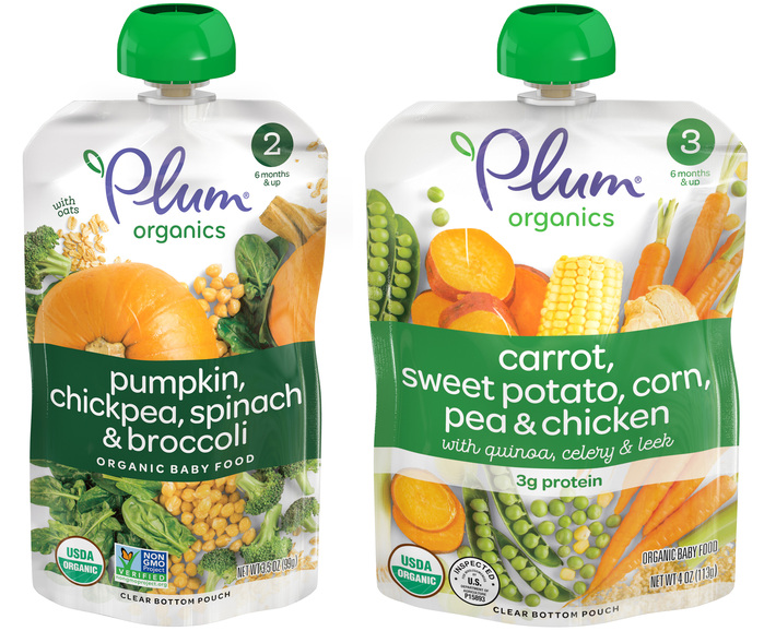 Omnes as used on the portable baby food pouches. For the packaging on the right, it’s paired with . The Plum Organics logo pairs custom script lettering with .
