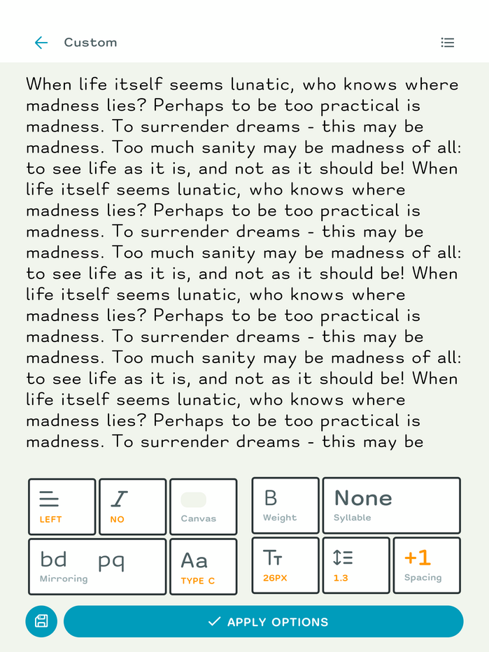 Text setup screen where user can set different type, size, space between letters and lines, mark mirroring letters, ...