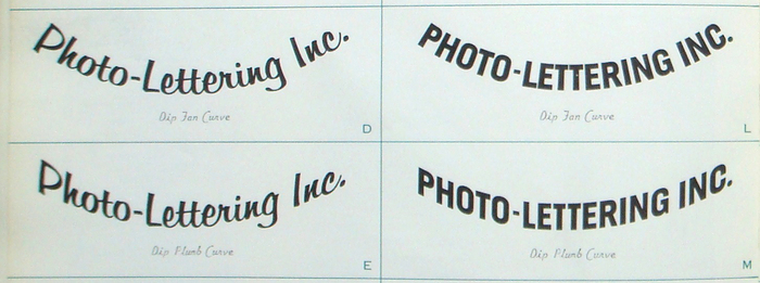 Two of Photo-Lettering’s “Circoflair” techniques, the “Dip Fan Curve” and the “Dip Plumb Curve”, as shown in the Alphabet Thesaurus, Vol. 2, 1965. See the full spread with more options in Nick Sherman’s Flickr photostream.