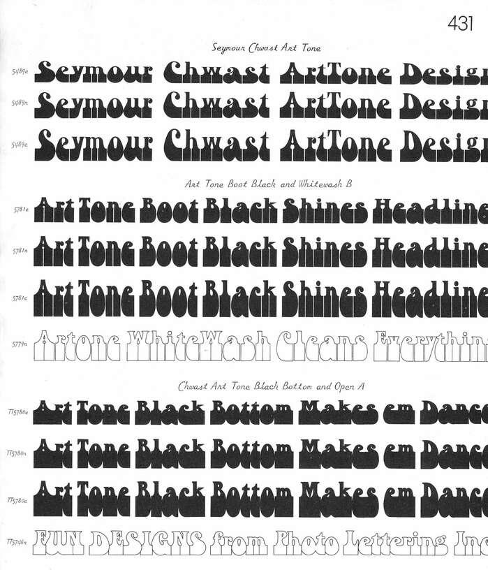 Chwast Art Tone and variants as shown in Photo-Lettering’s Alphabet Thesaurus, Vol. 3 from 1971. Each style is shown in normal (n), extended (e) and condensed (c) variants. Such additional widths were created mechanically, and were infinitely variable.