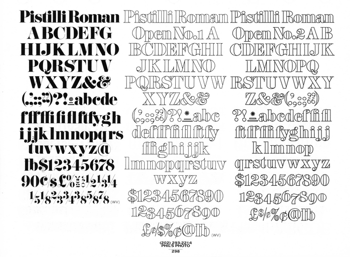 Pistilli Roman with Open variants as shown in Homage to the Alphabet by Phil’s Photo, 1980.
