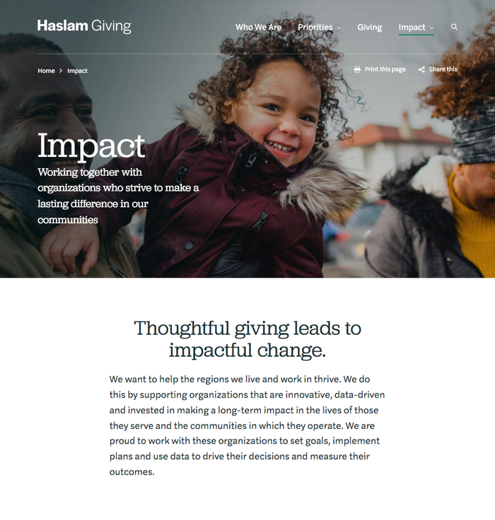 The visual identity of Haslam Giving succeeds by combining emotive photography with a well-structured and hence easily accessible typography.