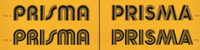 Detail from Photo-Lettering&rsquo;s Art Deco booklet (1970), designed by Ed Benguiat. Bauhaus Prisma (left) has round shapes, Prisma Graphic (or Futura Prisma) stays closer to conventional shapes as found in Futura. As the series numbers indicate, these stylistic variants were actually part of the same film font.