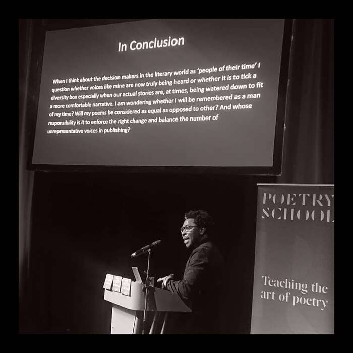 Stage graphics with the Poetry School logo in Cut and Avia in mixed case, for Yomi Ṣode&rsquo;s lecture at the Verve Poetry Festival in 2020.