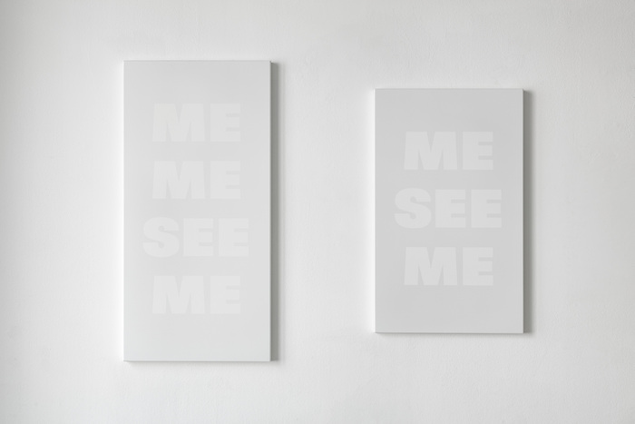 Two paintings from the series I, myself, 2002/03 “comprising 18 pale grey text-paintings in different sizes”.