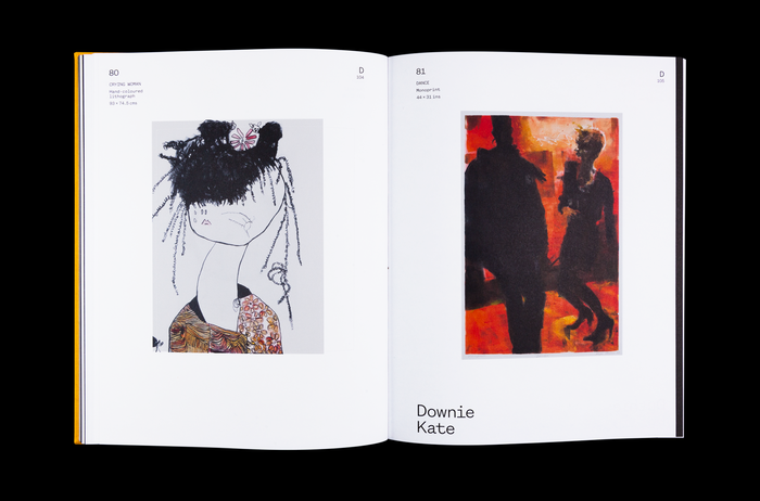 Artwork page of the alphabetically structured book, the spread shows Pat Douthwaite (left) and Downie Katie (right).