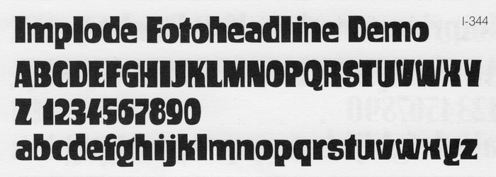 Glyph set of Implode as shown in a Typeshop catalog.