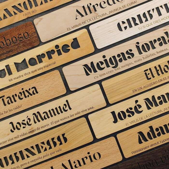 Selection of wooden bookmarks with six different display typefaces.