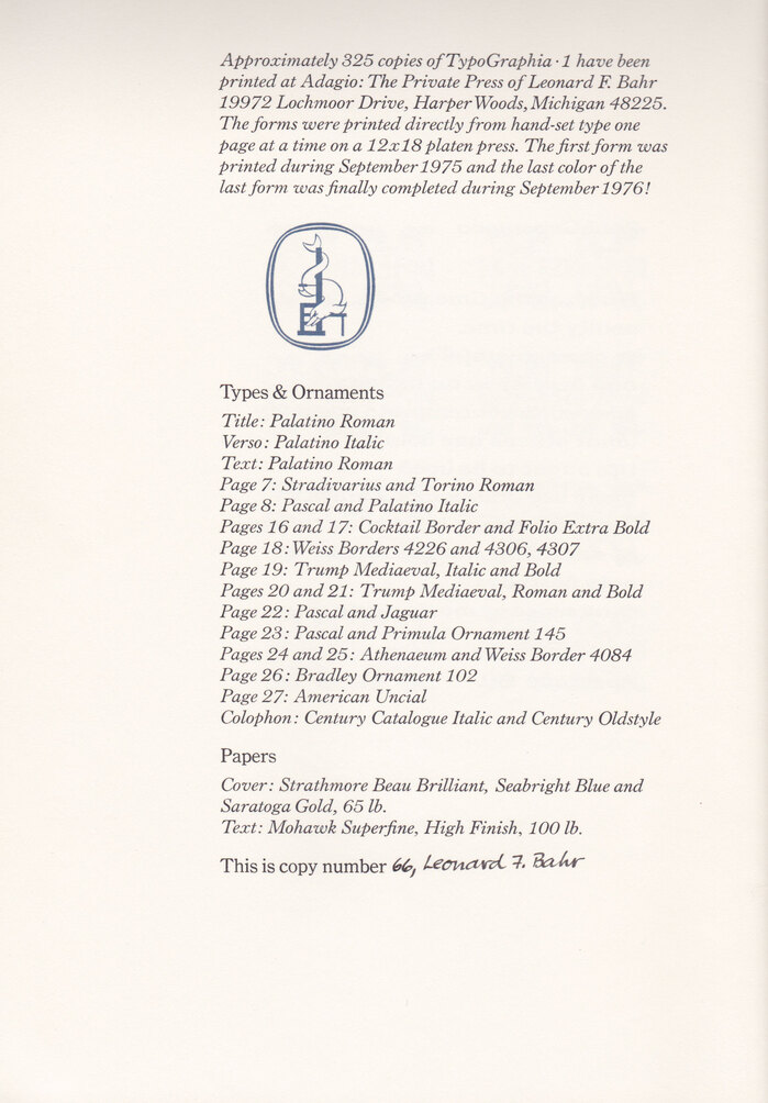 The colophon is set in  Italic and .