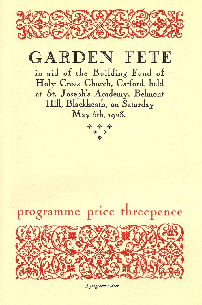 Program cover for a Garden Fete, Holy Cross Church, Catford, May 5th 1923. Nicolas Cochin is paired with a headline in  (1921).