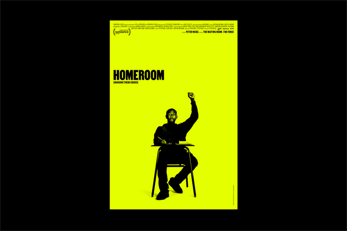 Movie poster for Homeroom, designed by Mucho, with a yellow background, featuring Dwayne Davis with a raised fist.