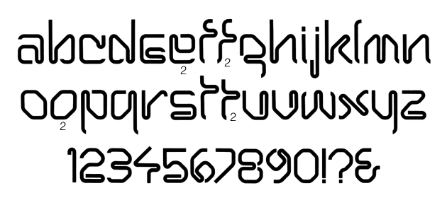 Glyph set of Hairpin, with alternates for e, f, o, and t. The typeface is lowercase only.