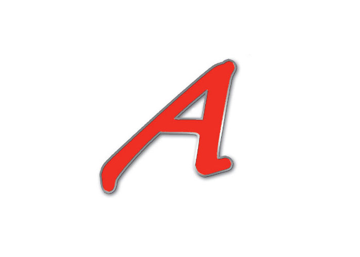 A hard enamel lapel pin with the “scarlet A” was sold from Richard Dawkins’s website in 2007. The letterform here was made sturdier and less detailed.