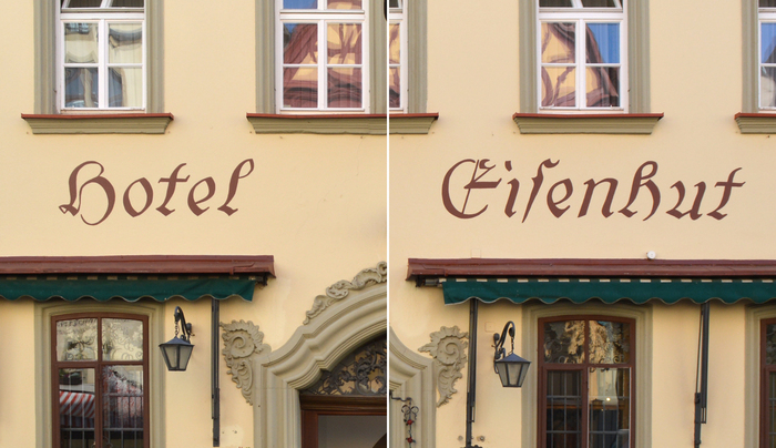 Detail of the façade lettering at Hotel Eisenhut, Rothenburg.