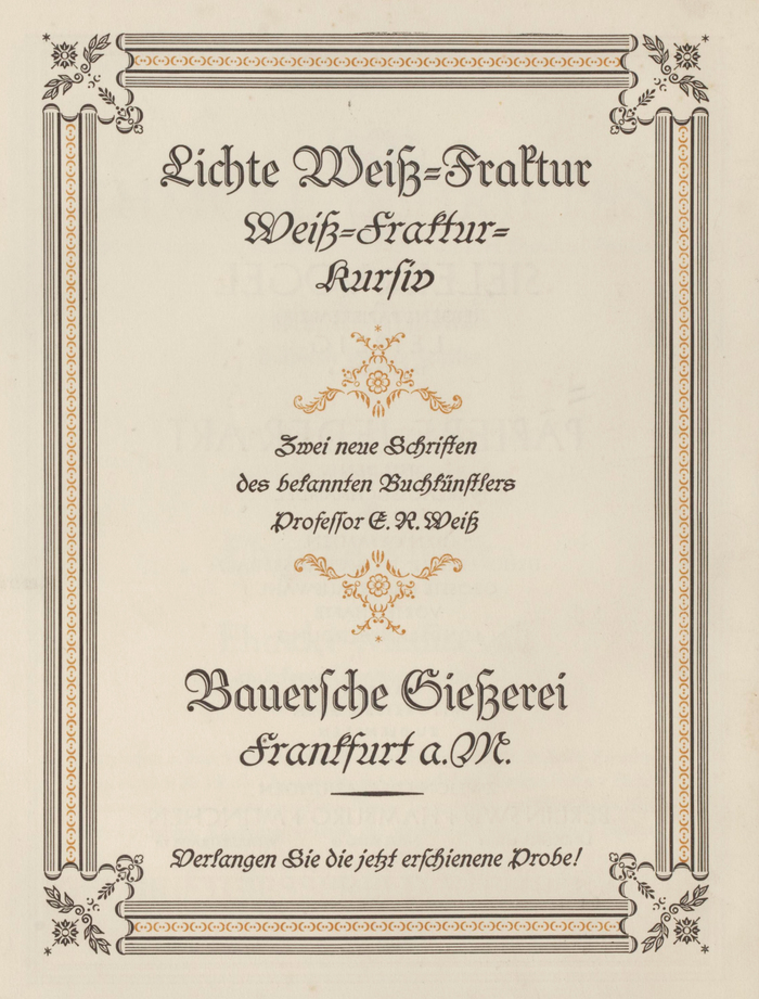 Ad by the Bauersche Gießerei for Lichte Weiß-Fraktur (an open cut of ) and  in Typographische Mitteilungen, vol. 22, no. 2 from February 1925.