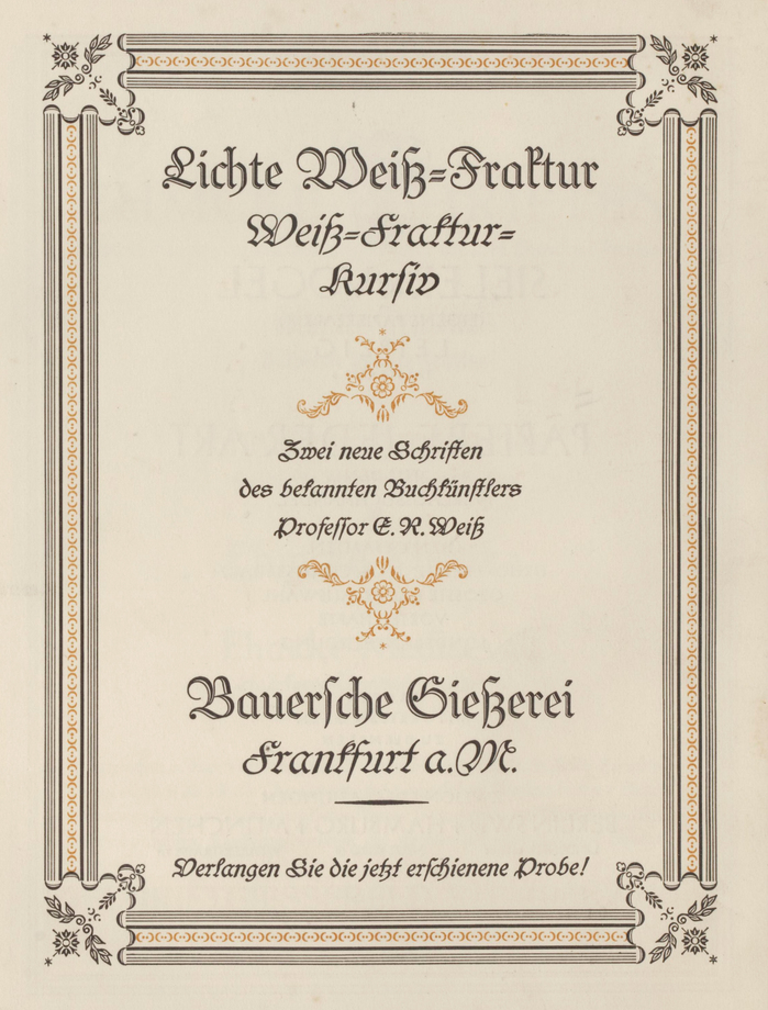 Ad by the Bauersche Gie&szlig;erei for Lichte Wei&szlig;-Fraktur (an open cut of ) and  in Typographische Mitteilungen, vol. 22, no. 2 from February 1925.