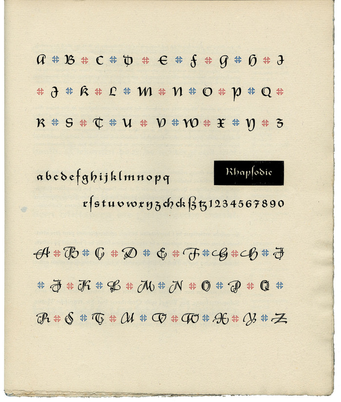 Glyph set with swash caps from a 20-page type specimen booklet, published by the Ludwig &amp; Mayer foundry in Frankfurt am Main. The caps are separated by dingbats from Schüle-Schmuck, a set of ornaments that accompanied Rhapsodie.