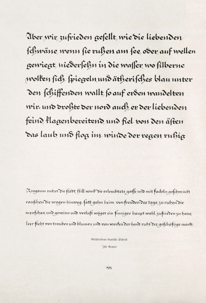 Calligraphy sample (“Geschriebene deutsche Schrift”) by Ilse Bentel. Reproduced in Gebrauchsgraphik, vol.&nbsp;2, no.&nbsp;1 from 1925, a special issue about “Schrift und Schriftschreiber”, as part of a series of works that originated at the Kunstgewerbeschule Stuttgart.