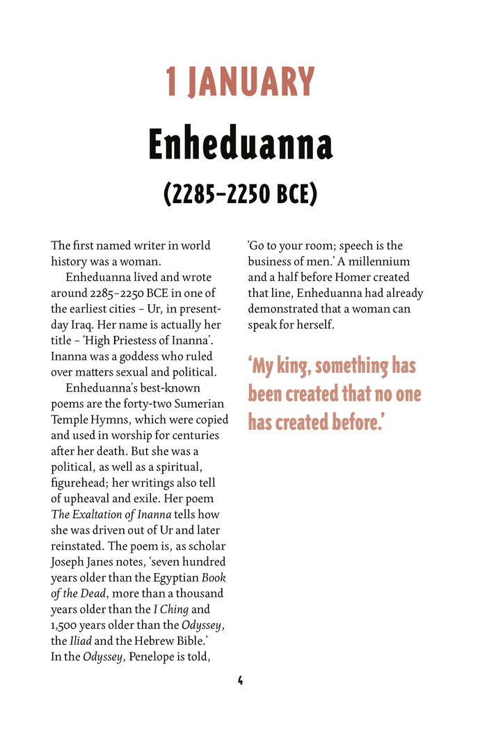 Page for 1 January, commemorating Enheduanna, the earliest known poet whose name has been recorded.