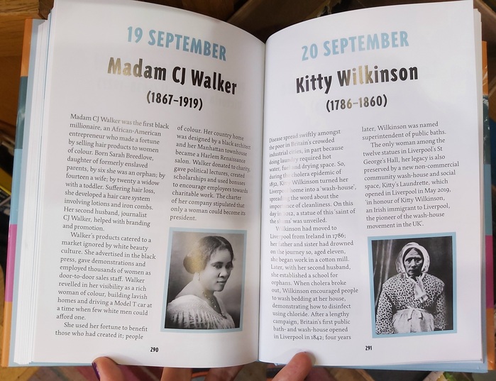 Spread from the September chapter, presenting Madam CJ Walker and Kitty Wilkinson.