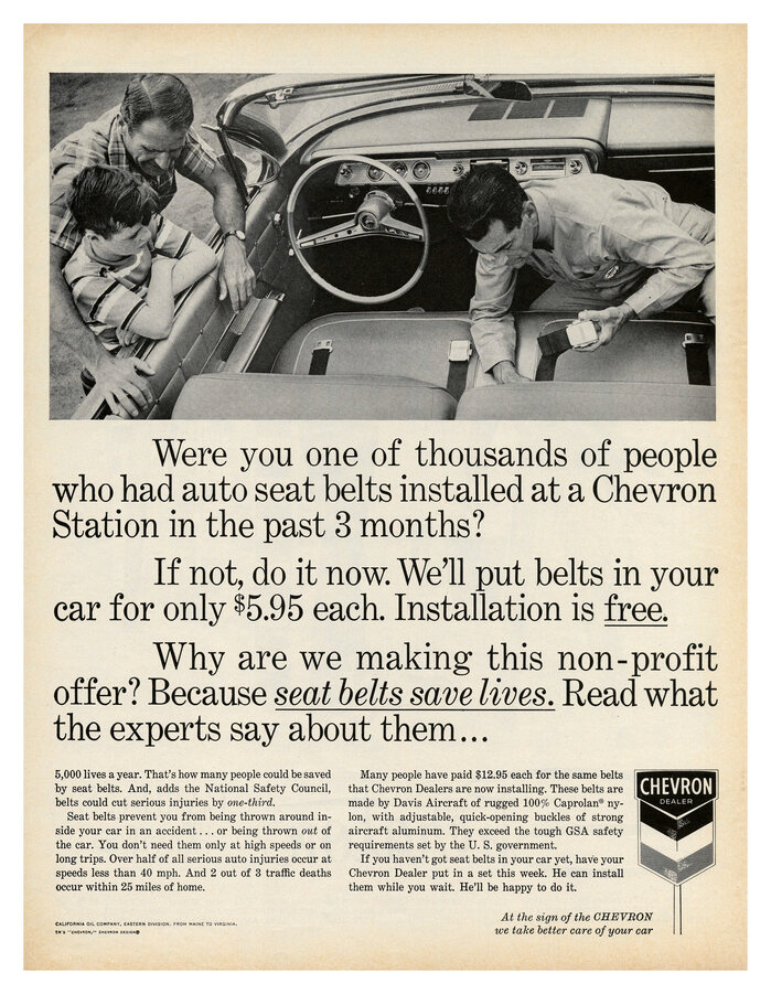 Chevron “Seat belts save lives” ad (1962)