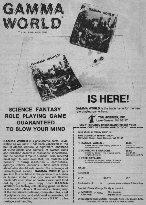 Ad for Gamma World in Isaac Asimov's Science Fiction Magazine, January 1979. The copy is set in .