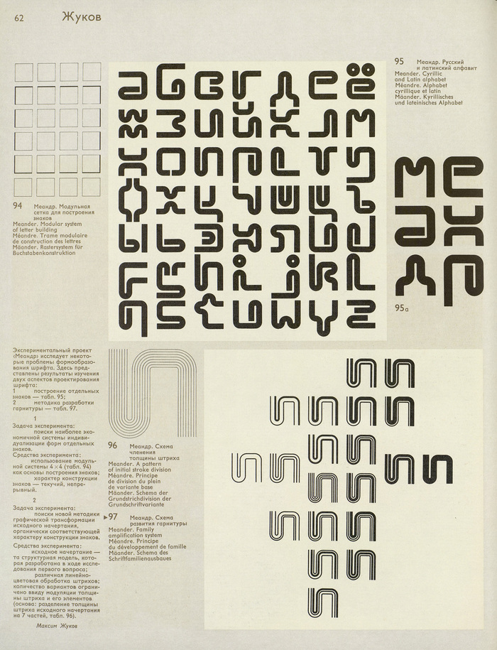 A page in The Lettering Art. Works by Moscow book designers 1959–1979, showing Zhukov’s Meander.