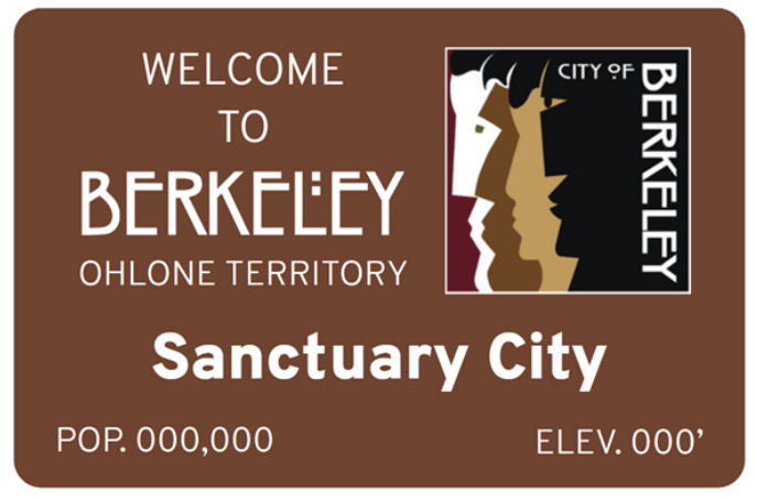 The example sign uses ITC Rennie Mackintosh for the “Berkeley” part;  for “Sanctuary City” (which may be variable or absent in some signs); and something like  for “Ohlone Territory”.