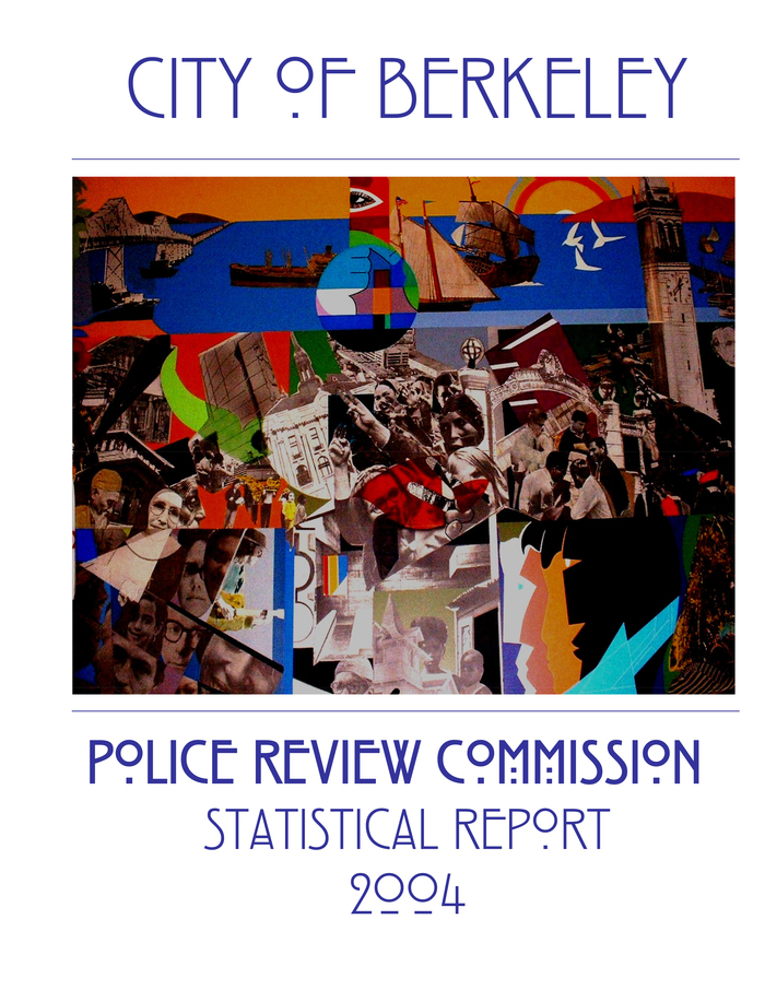 Front cover of the City of Berkeley Police Review Commission Statistical Report 2004, showing parts of the mural The City and Its People, with the segment that was used for the logo in the lower right.