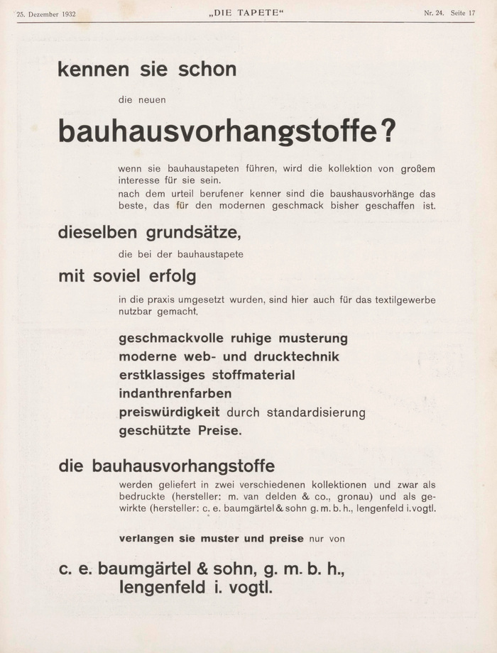 Bauhausvorhangstoffe ad from C.E. Baumgärtel &amp; Sohn