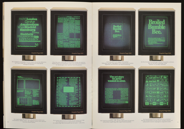 Spread showing typesetting jobs on the Page View 1000, a preview terminal. Graphic displays of the phototypesetting systems were that time were interactive. The Digipen 512 was used for correcting scanned BW images, on screen editing of typesetting jobs was not possible.