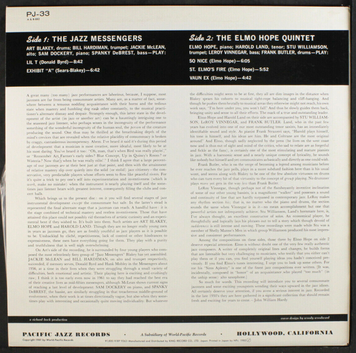 The track list on the back is set in  Bold, with  Bold for the headings. The roman used for John William Hardy’s liner notes is a bit too small to identify.