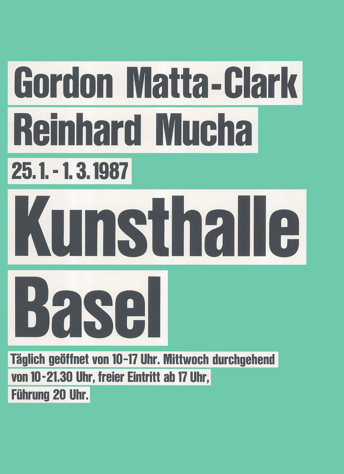Judith Ammann, 1987, Matta-Clark – Mucha – Kunsthalle Basel, silkscreen, 128×90.5 cm.