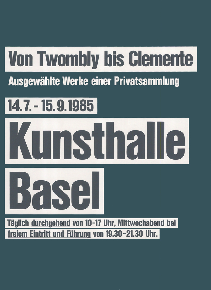 Judith Ammann, 1985, Von Twombly bis Clemente – Kunsthalle Basel, silkscreen, 128×90.5 cm.