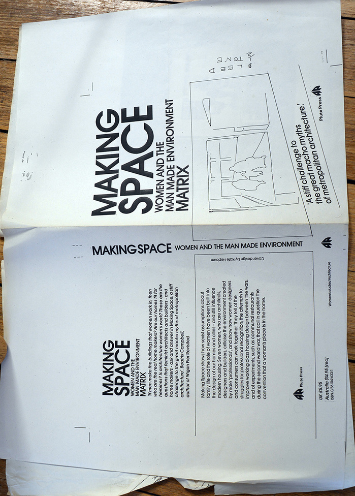 A mock-up courtesy of Matrix Open Feminist Architecture Archive. Note in this mock-up all the text is typeset (in Avant Garde Gothic), unlike the final art, where the main title has been hand drawn.