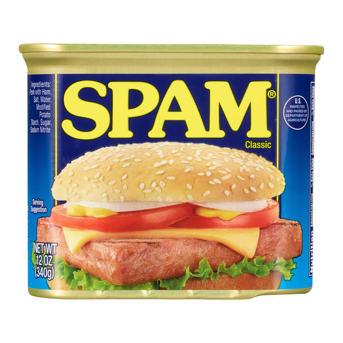 Spam can as sold in 2021. Smaller text is set in .
