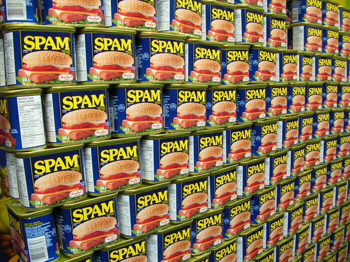Wall of spam outside of the the Cannon Theatre, Toronto, during the first day of ticket sales for SPAMalot, 2006.