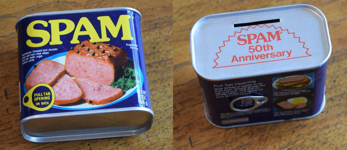 Spam can from 1987. “50th anniversary” is in .