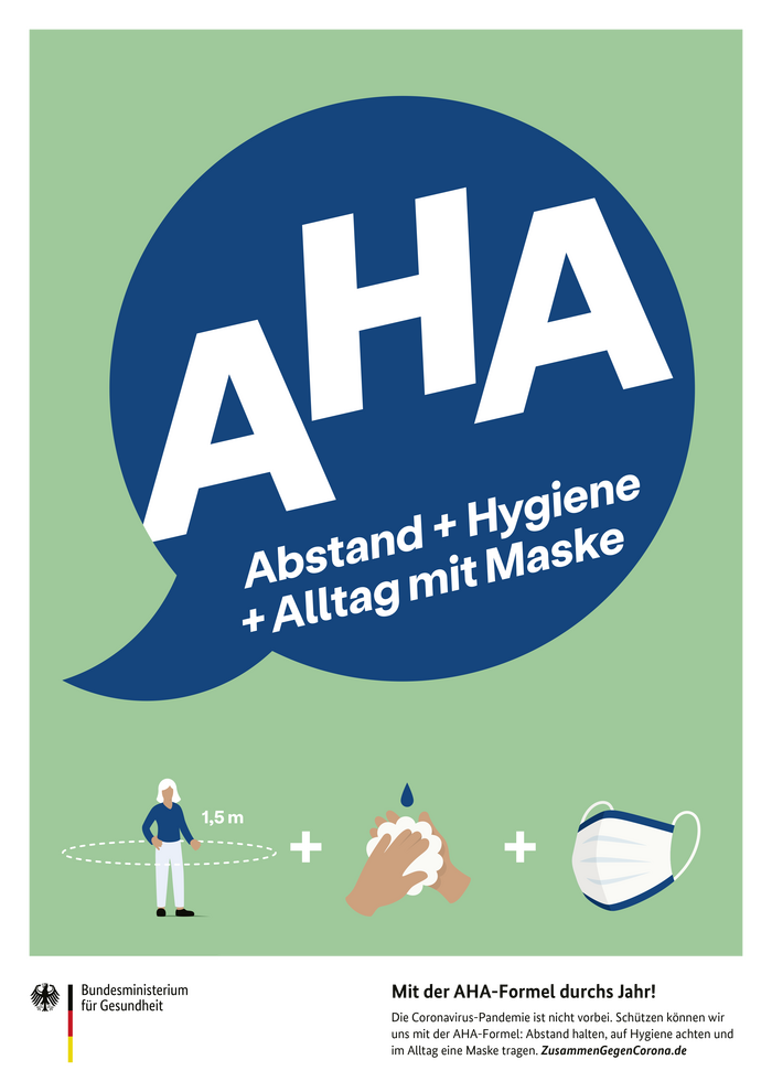 Poster advertising the “AHA formula“ of distancing, hygiene, and masks.