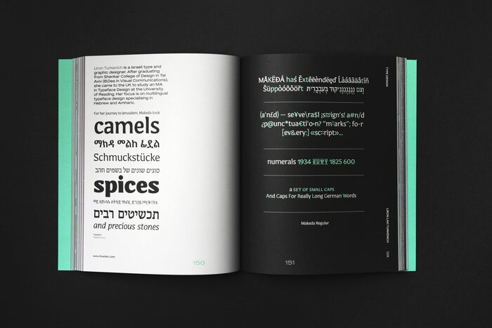 Spread presenting Makeda by Liron Turkenich. Editorial text and page numbers are set in Mars Extended.