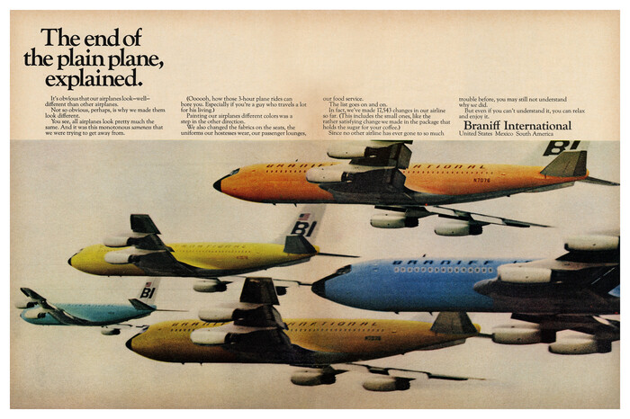 “The end of the plain plane, explained” ad by Braniff International (1966)