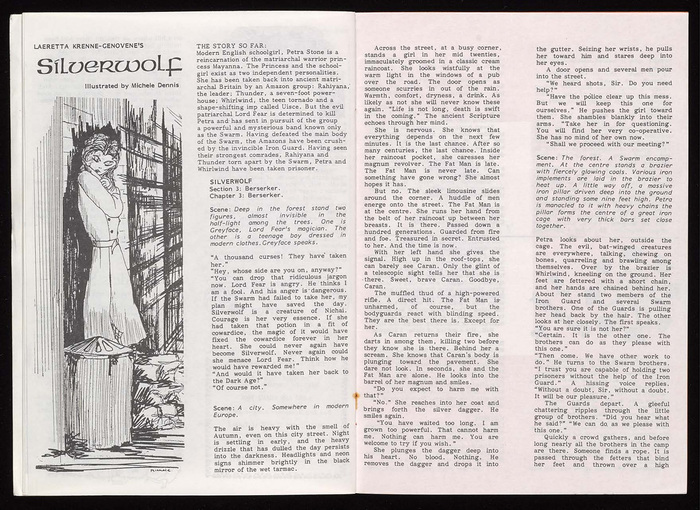 Silverwolf is a serial story credited to Laeretta Krenne-Genovene, illustrated by Michele Dennis. According to Aaron A. Reed, “one or both of these people may or may not have been Priscilla Langridge.”