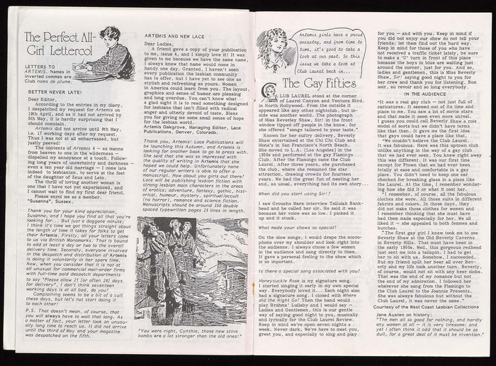 Spread from the interior, with letters to the editors and an interview. Headlines are in University Roman (Letraset, 1976). The monospaced cursive in the speech balloon is . There are at least three other (proportionally spaced) typewriter faces which are not yet identified. The body text looks like it was produced on one of the variable typewriters, maybe a Diablo or a Selectric.