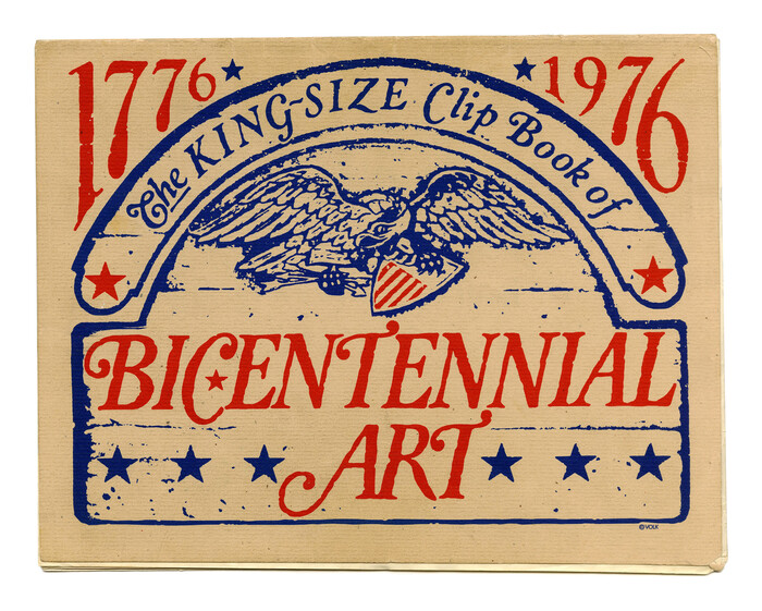 A rare cover in color, celebrating the United States Bicentennial. “The King-Size Clip Book of Bicentennial Art Volk Corporation” appears to use lettering, or heavily modified type. Several details like the swash caps for G and Z suggest that a version of  (Bold) Italic was involved. Other glyphs don’t match a showing of the Monotype cut, and might come from different sources.