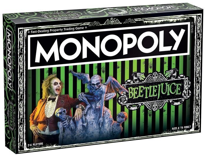 Monopoly, Beetlejuice edition. The line of text on top uses , which is also the basis for the MONOPOLY logo. The two lines of text in the lower corners are set in Meltdown.