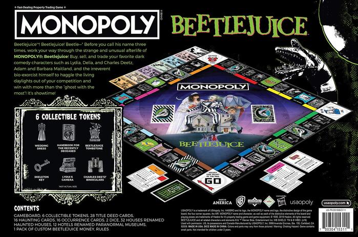 Back/bottom of the Monopoly box set, with most text set in , and Meltdown used for “Contents”.