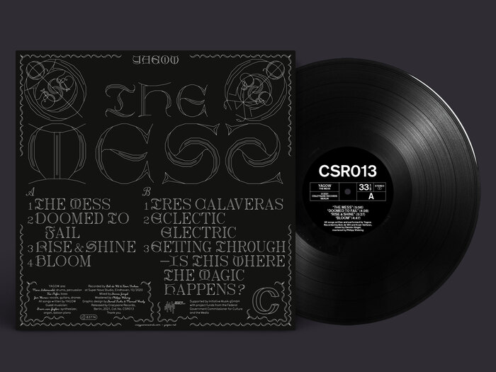 The Mess back cover with Hershey Fonts typeface combinations, and the black vinyl color option. The vinyl labels use the Crazysane Records template with all text set in a Scangraphic’s Ad Grotesk: a copy of Akzidenz Grotesk.