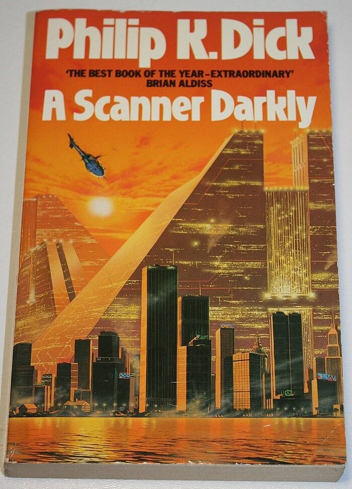 A Scanner Darkly (1985). Cover art by Trevor Webb. [More info on ISFDB]
